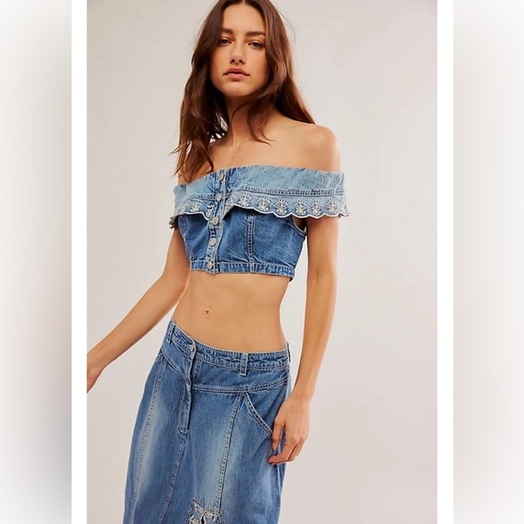 Free People Denim Embroidered Maxi Skirt and Cropped Top Set - Picture 2 of 7